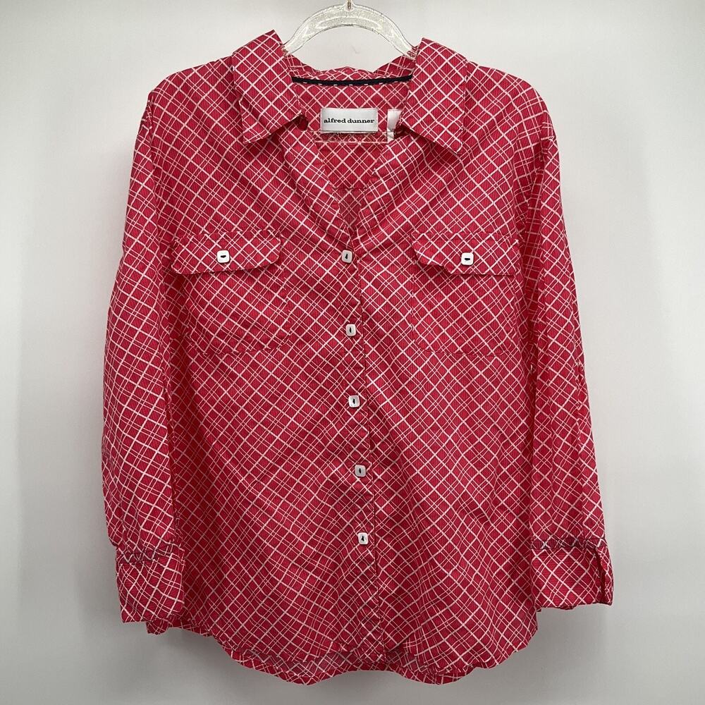 Alfred Dunner Womens Blouse 14 Red Plaid Long Sleeve Button Classiccore Top